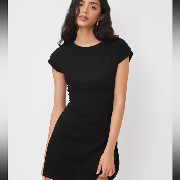 COTTON-BLEND ROUND NECKLINE RUCHED MINI DRESS MEDIUM CIDER - Picture 5 of 6